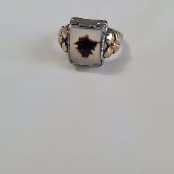 Moss Agate Sterling Silver & Gold Flowers Ring Vintage Ostby Barton Size 6 - Picture 8 of 15